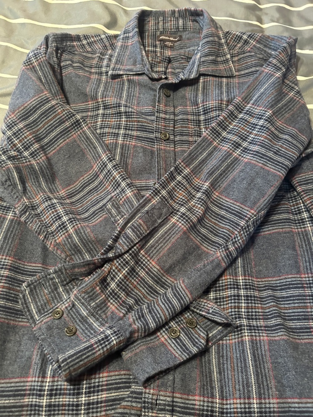 Eddie Bauer Blue Plaid Flannel Shirt with Red and Gray Accents